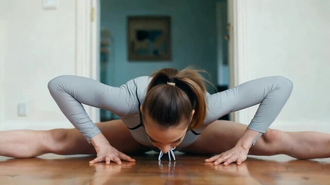 Flexible gymnast performs a split on a wooden floor in a bright room showcasing her strength and balance during a stretching routine for fitness and wellness at home in a leotard