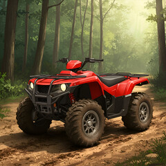 Fototapeta premium Red ATV parked on a dirt path in a forest. Adventurous vehicle parked in a natural setting. Recreation enthusiast with off-road vehicle. woodland location.