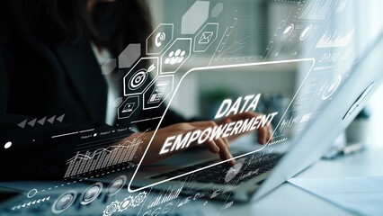 Professional hands typing on laptop with data empowerment graphics in office setting for business technology concept. Asymptotic smart data analytic.