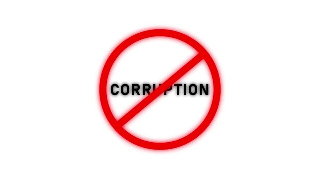 Red prohibition sign with the word CORUPTION in black letters on a white background corruption