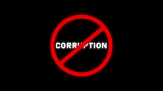 Red prohibition sign with the word CORUPTION in white glowing text on a black background no corruption