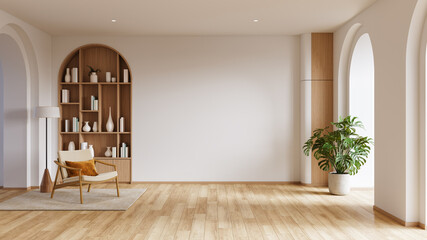 Minimalist interior with a modern armchair and large empty wall for copy spece, featuring an arched bookcase and indoor plant.3d render.