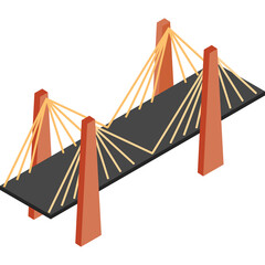 Modern Cable Stayed Bridge with Orange Towers and Support Cables Over a Dark Gray Roadway Isometric View