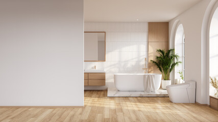 Modern bathroom with a large empty wall for mockup, featuring a freestanding bathtub and arched window.