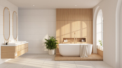 A luxury modern bathroom featuring a double wash basin, a freestanding bathtub, white tile walls, and wood flooring.3d render