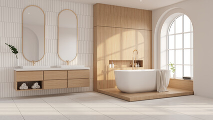 A luxury modern bathroom featuring a double wash basin, a freestanding bathtub, white tile walls, and wood flooring.3d render