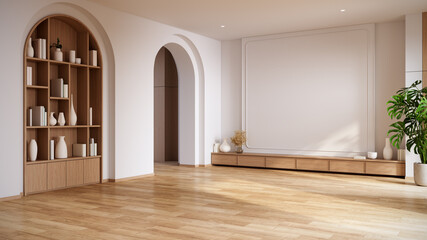 Empty room.with Modern minimalist interior with architectural arches and wooden tv cabinet with a large blank wall. 3D rendering.