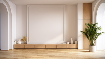 Empty room.with Modern minimalist interior with architectural arches and wooden tv cabinet with a large blank wall. 3D rendering.