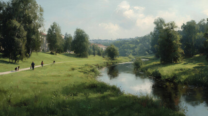 A serene park with a winding river flowing through grassy fields with people walking dogs and children playing in soft morning light creating an inviting and peaceful atmosphere