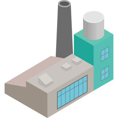 Isometric Industrial Factory Building With Tall Smokestack And Water Tower Teal And Gray Structure With Large Windows