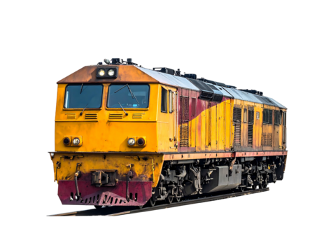 Yellow and maroon train engine shown on tracks against a black background in daylight