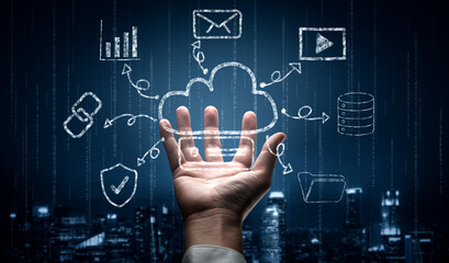 A hand drawn doodle of a cloud computing services ecosystem. A creative sketch of a network for data storage, sharing, and online applications. Motif