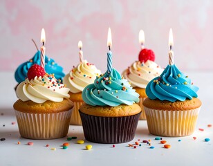 Assortment of frosted cupcakes, lit candles, and decorative sprinkles