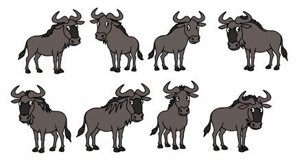Wildebeest poses collection with transparent background