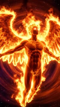 Fiery Angel Ascending - A digital video of a muscular, male angel engulfed in flames, with large wings outstretched, ascending through a dark, starry space.
