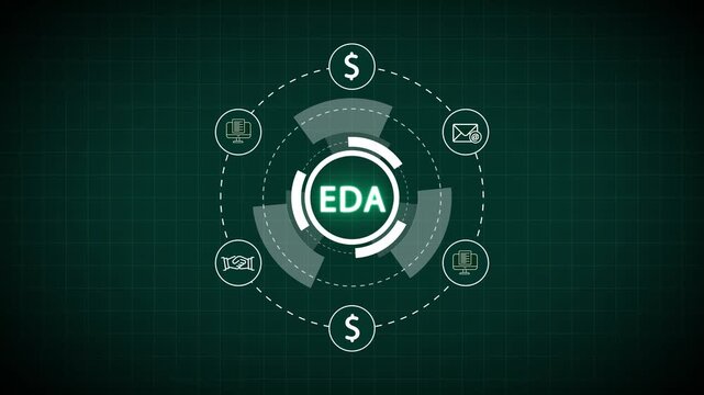 Futuristic HUD display with EDA text and icons on dark grid background Keywords: EDA, Exploratory Data Analysis, technology, data, analytics, digital, abstract, network, communication