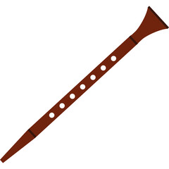 A Dark Brown Wooden Woodwind Musical Instrument with Multiple White Circular Holes and a Flared Bell on a Transparent Background
