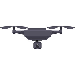A dark gray drone with a camera is shown from the front with propellers extended against a white background