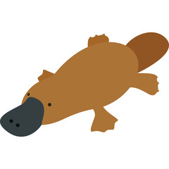 A brown platypus with a dark grey bill and small eyes swims on a transparent white background illustration