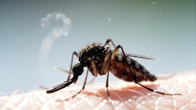 Macro footage of a mosquito biting human skin showcasing the insects proboscis extracting blood A detailed close-up of a disease vector and health risk
