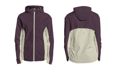 Modern colorblock windbreaker jacket with zipper and hood, showcasing front and back views for athletic apparel design inspiration. © resource image