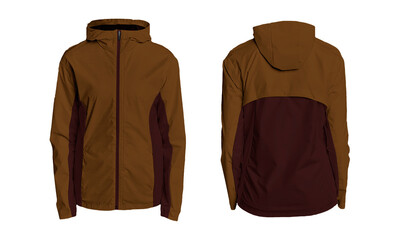 Stylish hooded brown windbreaker jacket with contrasting dark red panels, showcasing front and back views for versatile apparel design and e-commerce needs. © resource image