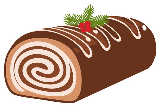 Christmas chocolate yule log dessert with white icing swirl and festive winter berry decoration