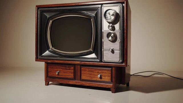 Vintage TV set on a clean surface, captured from a low-angle. The retro style evokes nostalgia, reminiscent of classic video broadcasts.