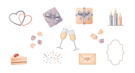 A collection of watercolor illustrations depicting elements of a celebration, including hearts, gifts, champagne, cake, and fireworks.