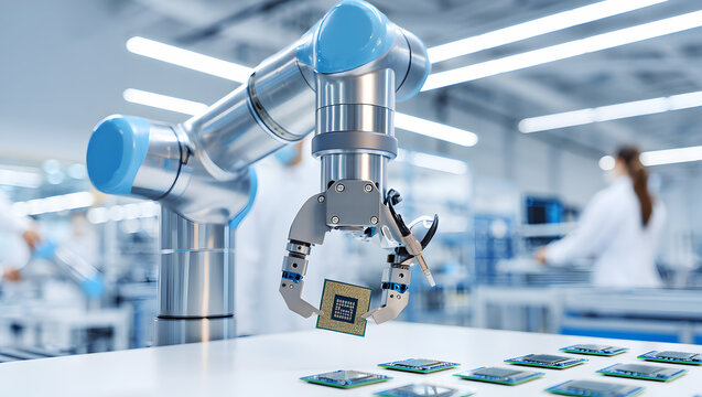 Robotic arm precisely holding a computer processor chip in a clean technology manufacturing facility