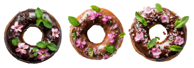 Donut with chocolate glaze decorated with colorful edible flowers and mint leaves isolated on a white background. Sweet dessert and freshly baked pastry concept
