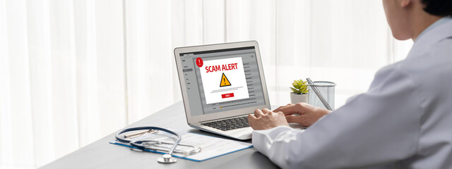 Cyber security software show alert of cyber attack for protection brisk. Danger from virus, phishing and cyber fraud.