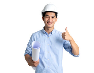 Young engineer in hardhat gives thumbs-up, holding rolled blueprints against black
