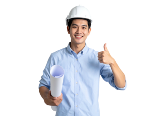 Young engineer in hardhat gives thumbs-up, holding rolled blueprints against black