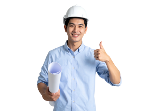 Young engineer in hardhat gives thumbs-up, holding rolled blueprints against black