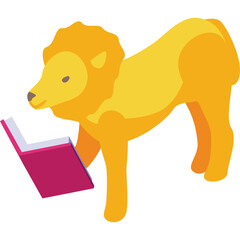 Golden Lion with Majestic Mane Reading a Book with Pink Cover Isolated on White Background