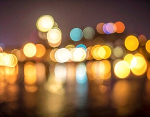 Abstract shot of colorful lights bokeh reflecting on a wet surface at dusk