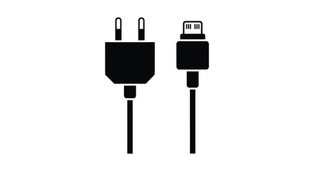 A black silhouette of a wall charger and a usb cable with a micro usb connector on a white background