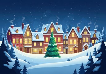 Fototapeta premium Charming snowcovered village with a christmas tree at night