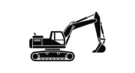 A black silhouette of a tracked excavator with its arm and bucket extended isolated on a white background