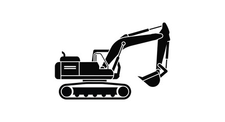 A black silhouette of a heavy duty excavator with a long arm and bucket on a white background silhouette