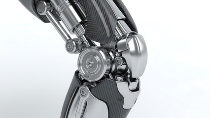 Close up of a robotic knee joint with metallic and carbon fiber components
