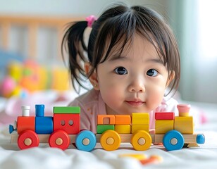 Adorable toddler gazes at the camera near a vibrant wooden toy train