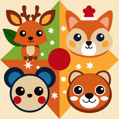 Fototapeta premium Cute cartoon animals deer fox bear mouse with christmas elements and geometric shapes