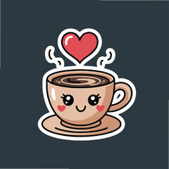 A cartoon coffee cup with a smiling face and a heart above it on a saucer against a dark background