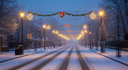 Snowy street with christmas decorations and lights in the city during winter time