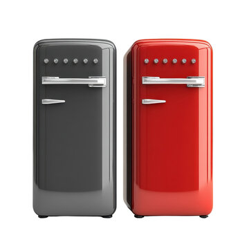Two retro refrigerators one gray and one red side by side on black background transparent background, png