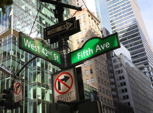 new york intersection fifth ave west 42nd st signs  and skyscrapers