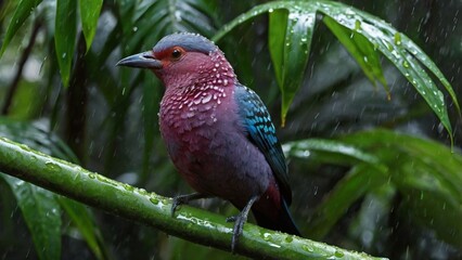 Naklejka premium A pompadour cotinga preens carefully, smoothing its iridescent feathers beneath the shelter of broad tropical leaves