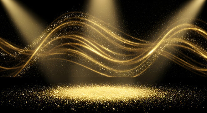 Dynamic golden light trails and glittering particles under spotlights on a dark background, perfect for luxurious events. - Powered by Adobe